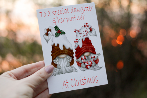 Gnome Daughter & Partner Christmas Card, Daughter Christmas Card