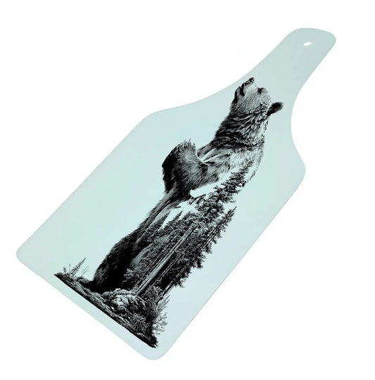 Mountain Bear Bottle Shaped Glass Chopping Board - Cheese Platter, Mountain Bear Worktop Saver