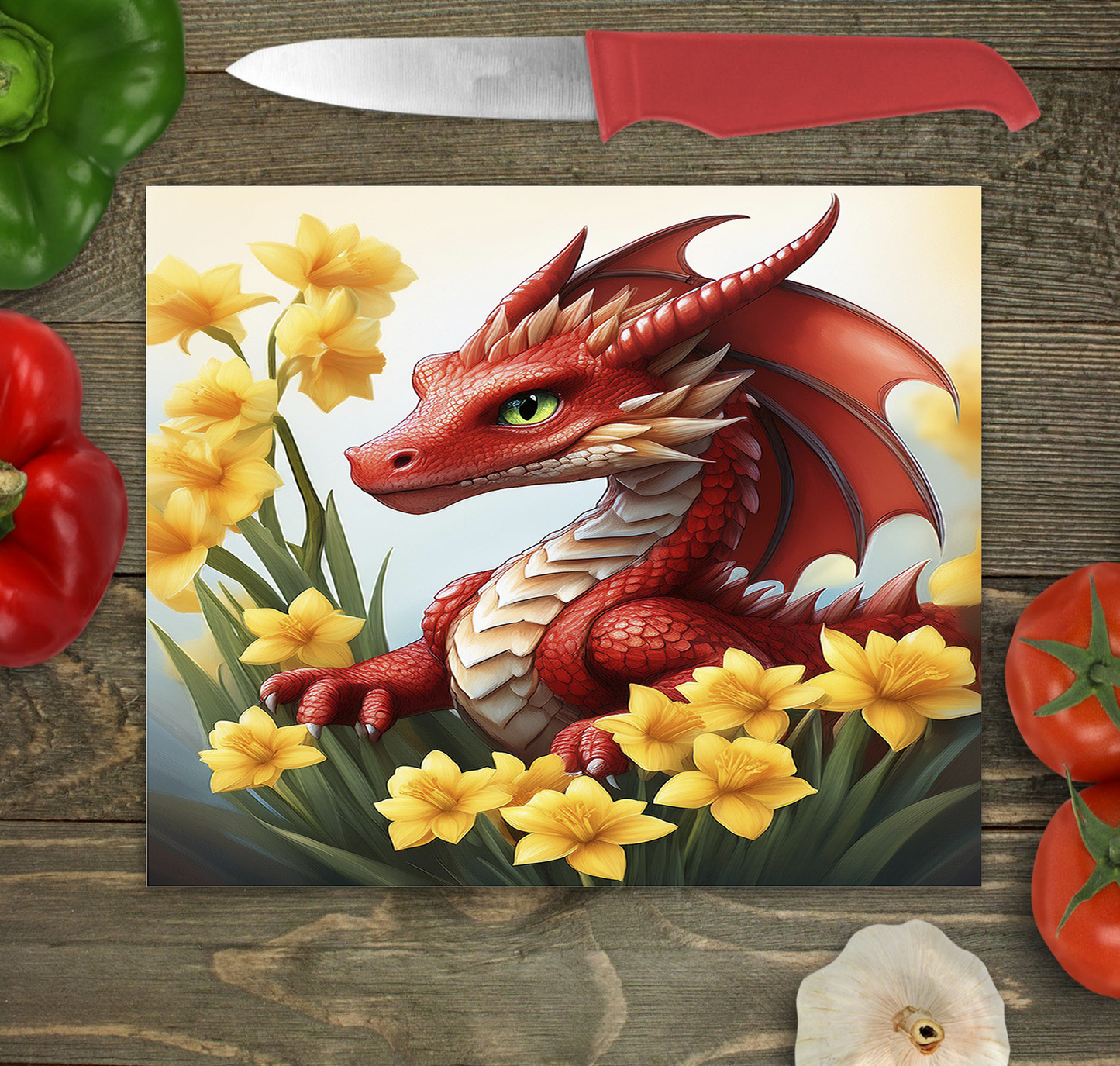 Dragon and Daffodils Glass Chopping Boards - Dragon Worktop Saver