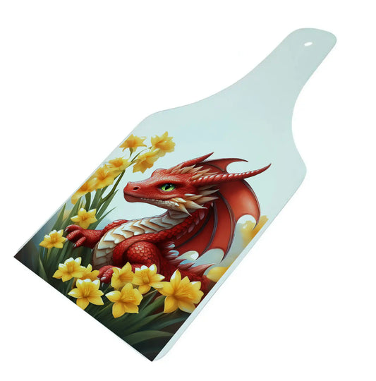 Dragon and Daffodils Bottle Shaped Glass Chopping Board - Cheese Platter, Dragon Worktop Saver