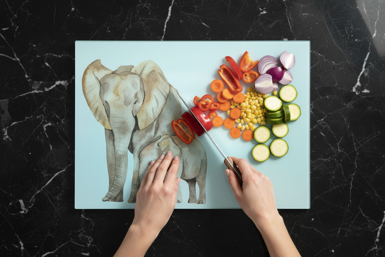 Elephant & Calf Large Glass Chopping Board, Elephant Worktop Saver