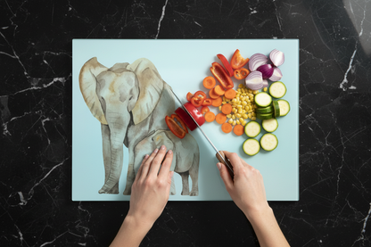 Elephant & Calf Large Glass Chopping Board, Elephant Worktop Saver