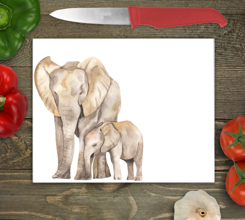 Elephant & Calf Large Glass Chopping Board, Elephant Worktop Saver