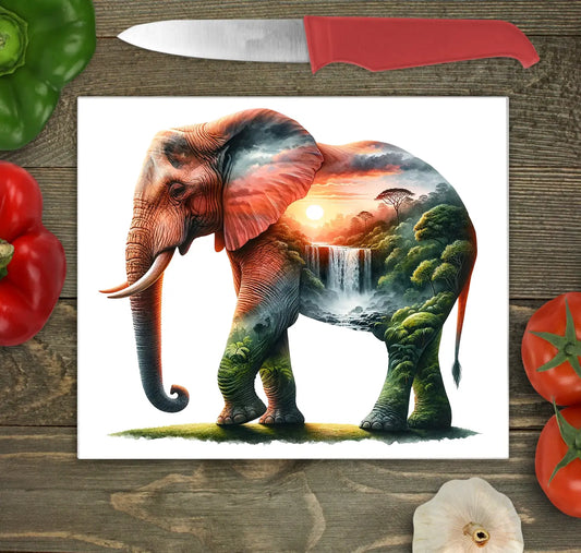 Elephant and Sunrise Landscape Glass Chopping Board, Elephant and Sunrise Landscape Worktop Saver