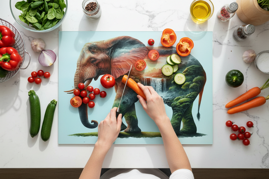 Elephant and Sunrise Landscape Glass Chopping Board, Elephant and Sunrise Landscape Worktop Saver