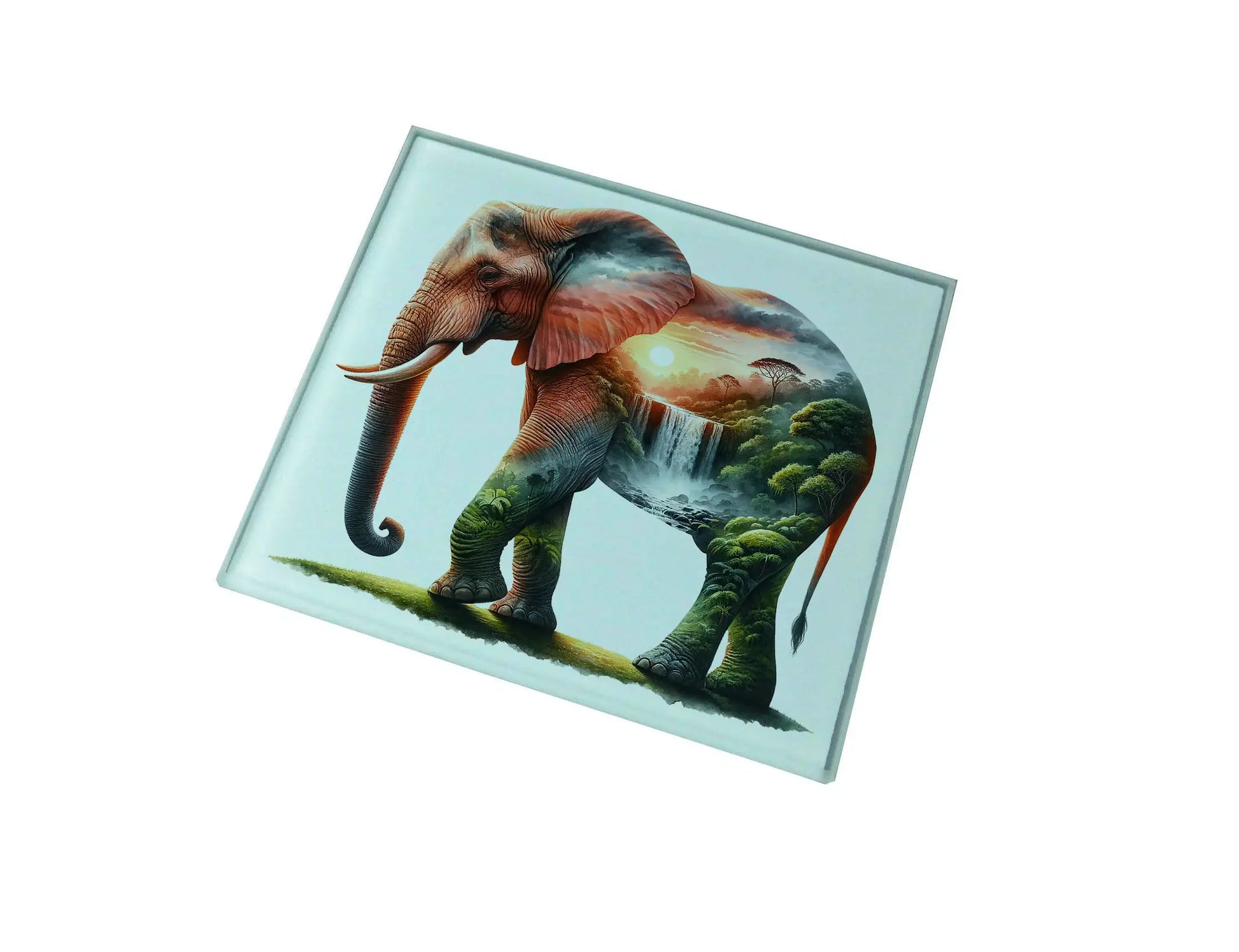 Elephant and Sunrise Landscape Glass Coaster (Set of 4)