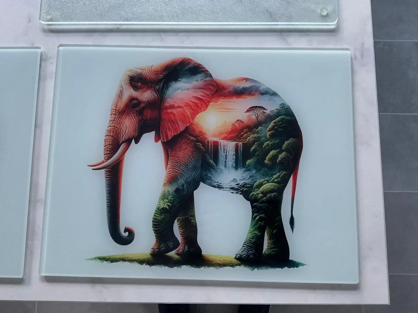 Elephant and Sunrise Landscape Glass Chopping Board, Elephant and Sunrise Landscape Worktop Saver