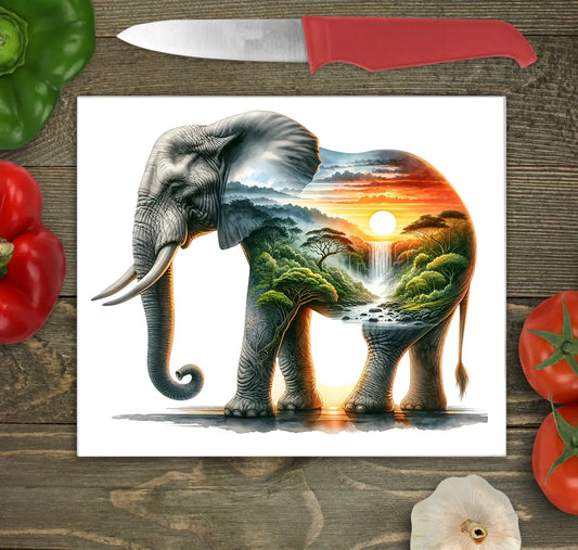 Elephant and Sunset Landscape Glass Chopping Board, Elephant and Sunset Landscape Worktop Saver