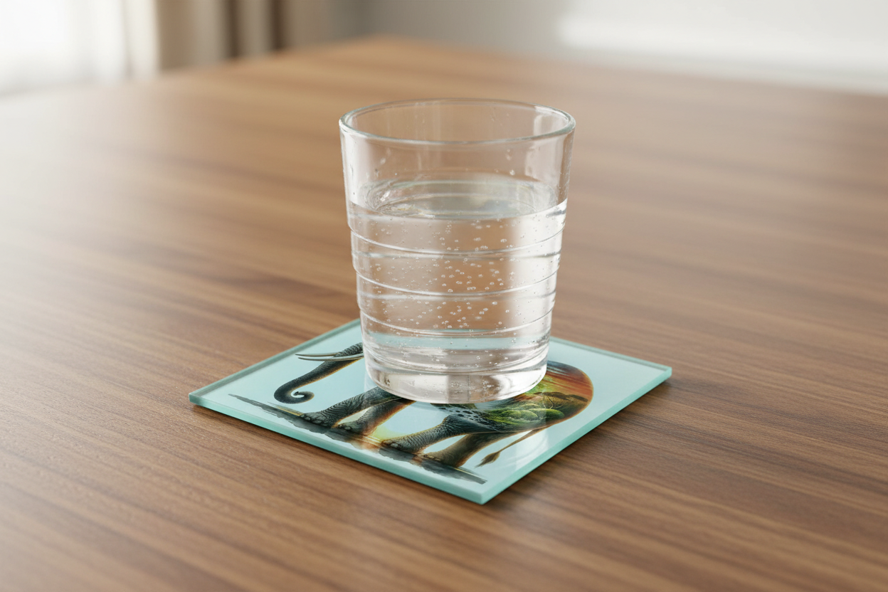 Elephant and Sunset Landscape Glass Coaster (Set of 4)