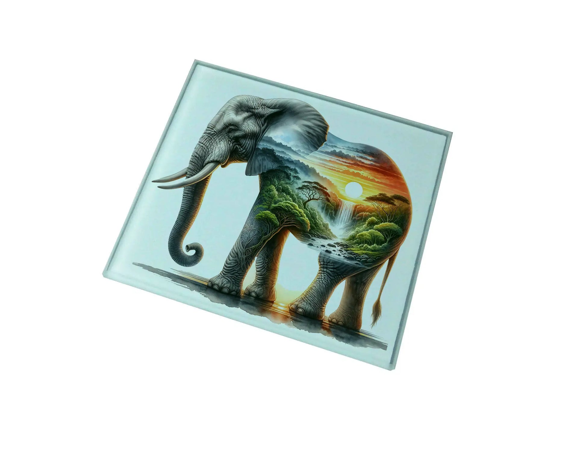 Elephant and Sunset Landscape Glass Coaster (Set of 4)