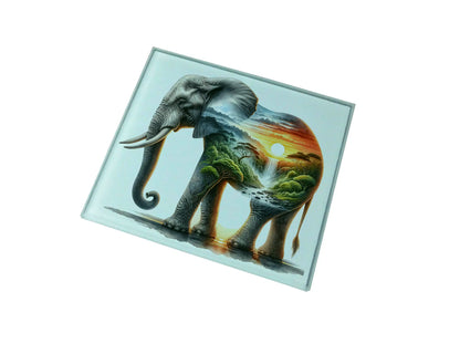 Elephant and Sunset Landscape Glass Coaster (Set of 4)