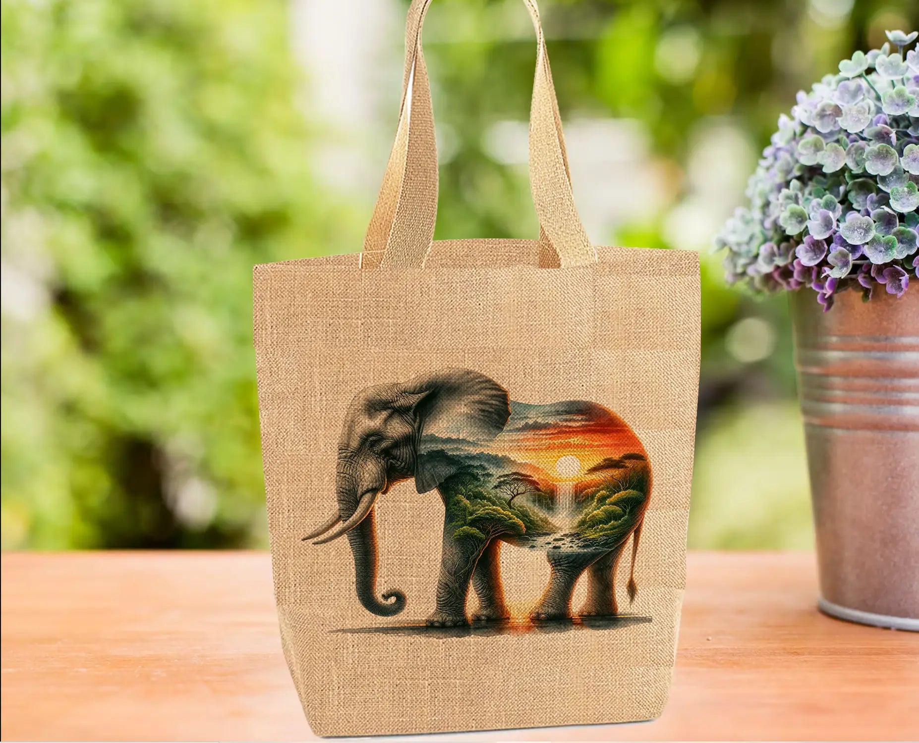 Elephant and Sunset Landscape Tote Bag