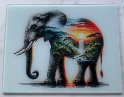 Elephant and Sunset Landscape Glass Chopping Board, Elephant and Sunset Landscape Worktop Saver