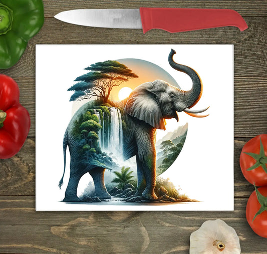 Elephant and Waterfall Landscape Glass Chopping Board, Elephant and Waterfall Landscape Worktop Saver