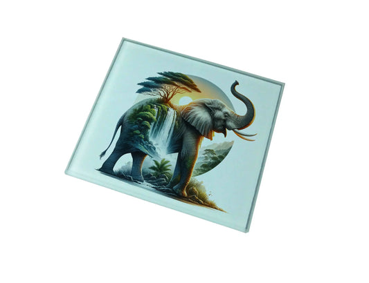 Elephant and Waterfall Landscape Glass Coaster (Set of 4)