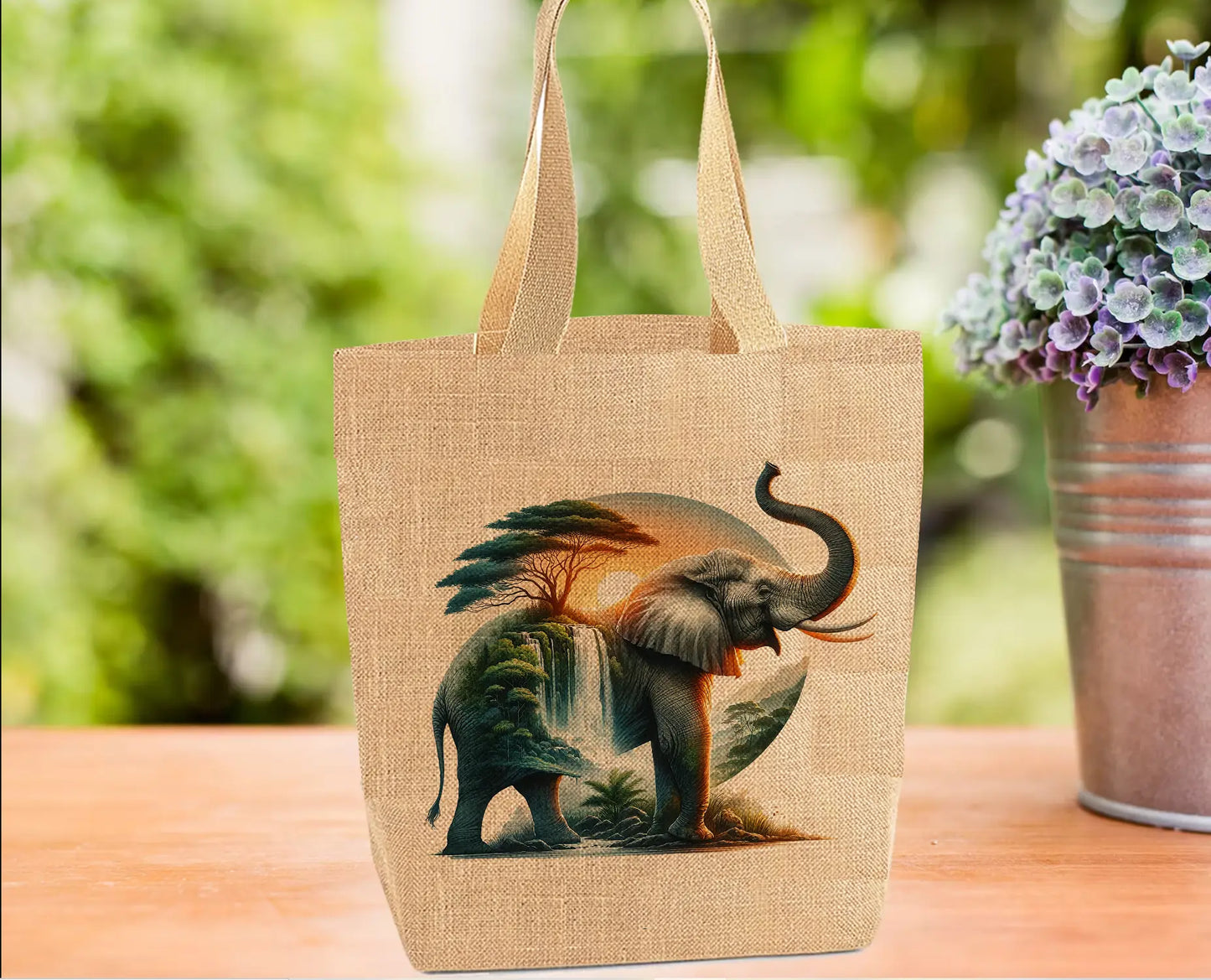 Elephant and Waterfall Landscape Tote Bag