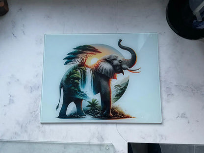 Elephant and Waterfall Landscape Glass Chopping Board, Elephant and Waterfall Landscape Worktop Saver