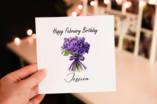 Personalised February Birthday Card: Violet Flower Greeting Card