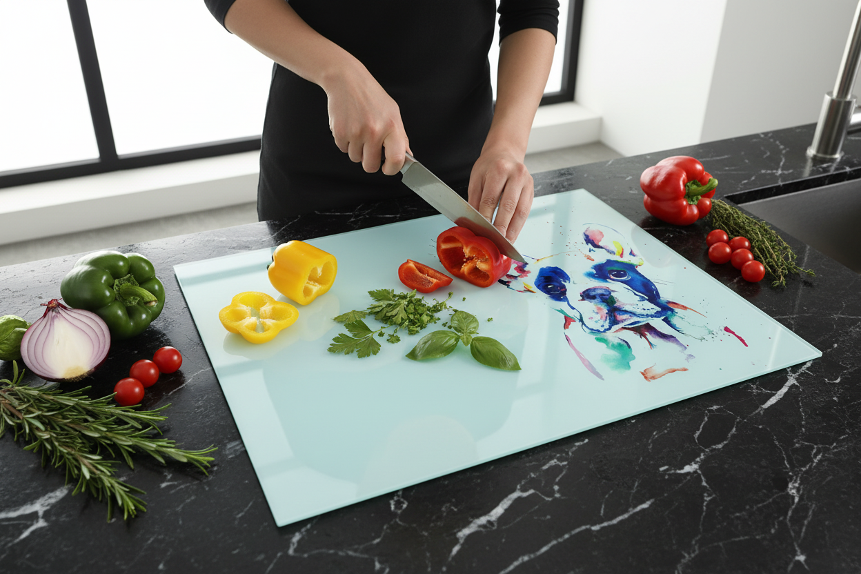 French Bulldog Glass Chopping Board, French Bulldog Worktop Saver