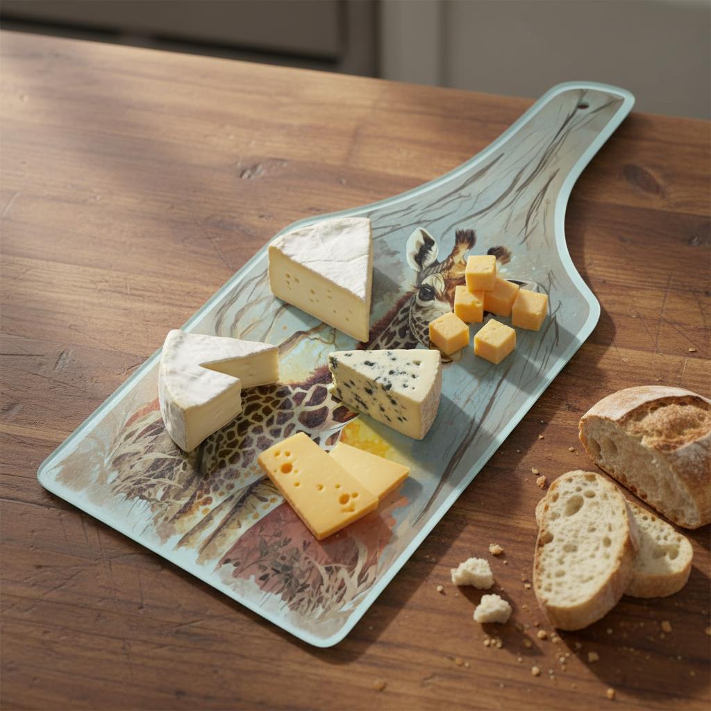 Giraffe Bottle Shaped Glass Chopping Board - Cheese Platter, Giraffe Worktop Saver