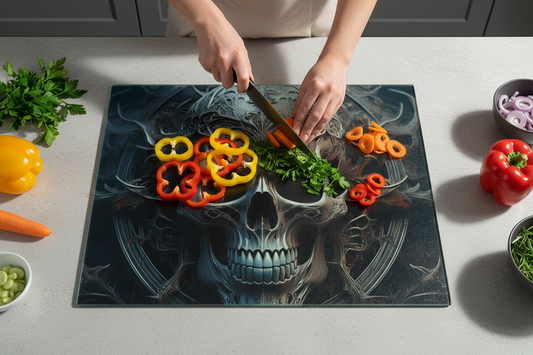 Gothic Skull Glass Chopping Board, Gothic Skull Worktop Saver