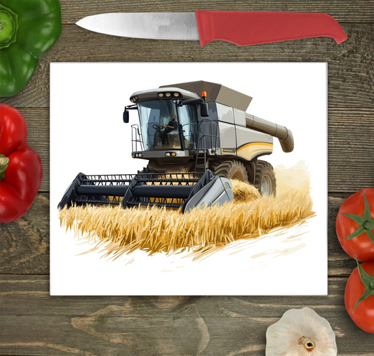 Combine Harvester (Grey) Glass Chopping Board, Combine Harvester (Grey) Worktop Saver