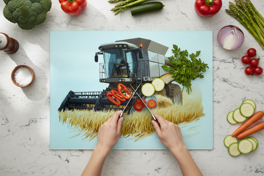 Combine Harvester (Grey) Glass Chopping Board, Combine Harvester (Grey) Worktop Saver