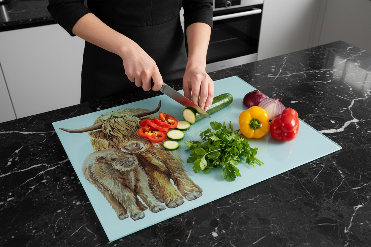 Highland Cow and Calf Glass Chopping Board - Highland Cow Worktop Protector