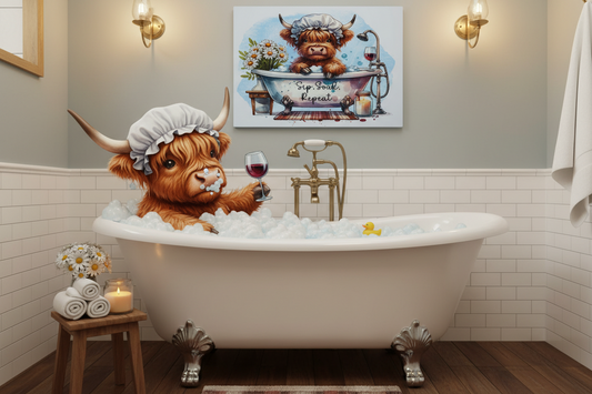 Highland Cow in the Bath..... Glossy Aluminium Print