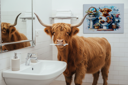 Highland Cow on the Toilet..... Glossy Aluminium Print