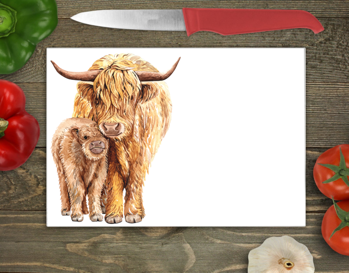 Highland Cow and Calf Glass Chopping Board - Highland Cow Worktop Protector