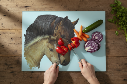 Horse and Foal Glass Chopping Board, Horse and Foal Worktop Saver