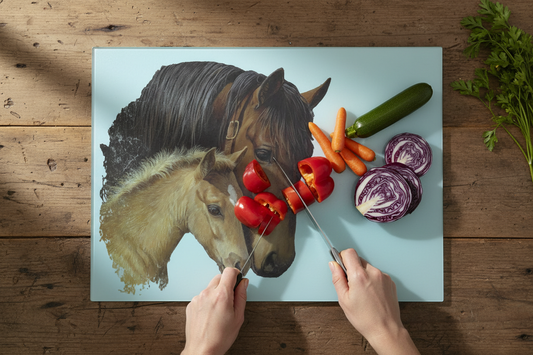 Horse and Foal Glass Chopping Board, Horse and Foal Worktop Saver