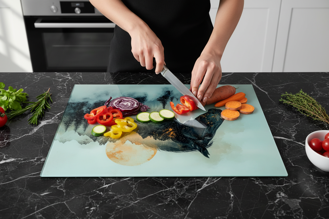 Horse and Mountain Glass Chopping Board, Horse Worktop Saver