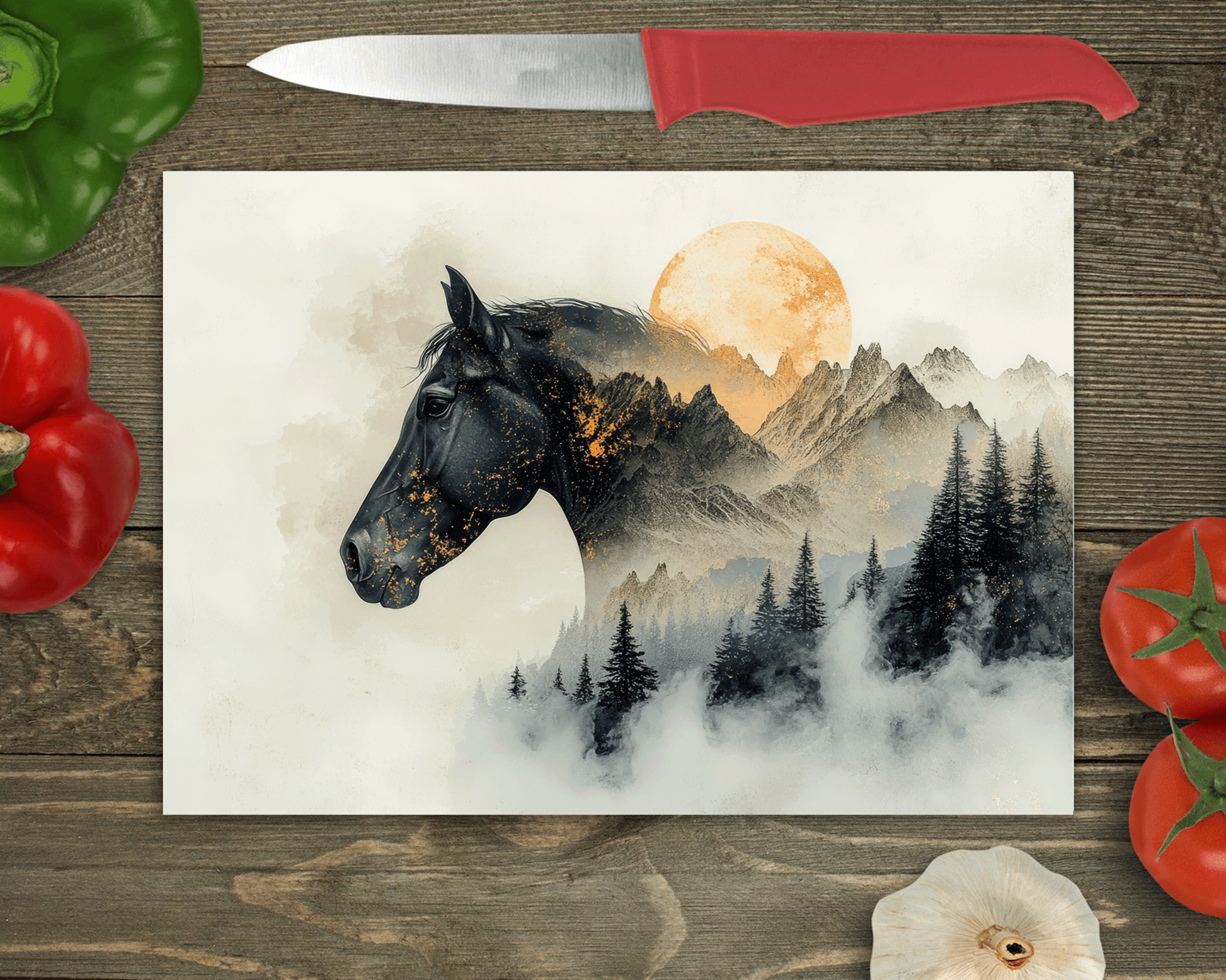 Horse and Mountain Glass Chopping Board, Horse Worktop Saver