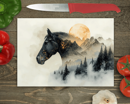 Horse and Mountain Glass Chopping Board, Horse Worktop Saver