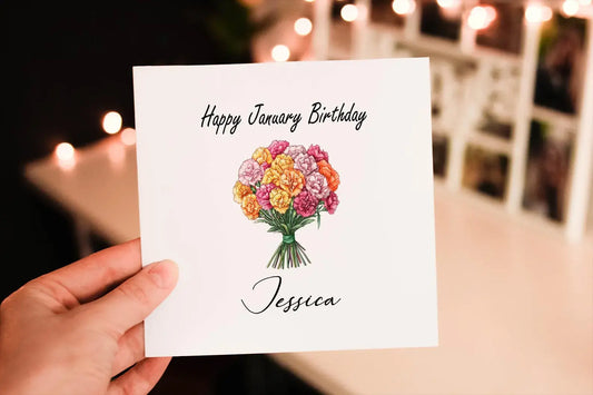 Personalized January Birthday Card: Carnation Flower Greeting Card