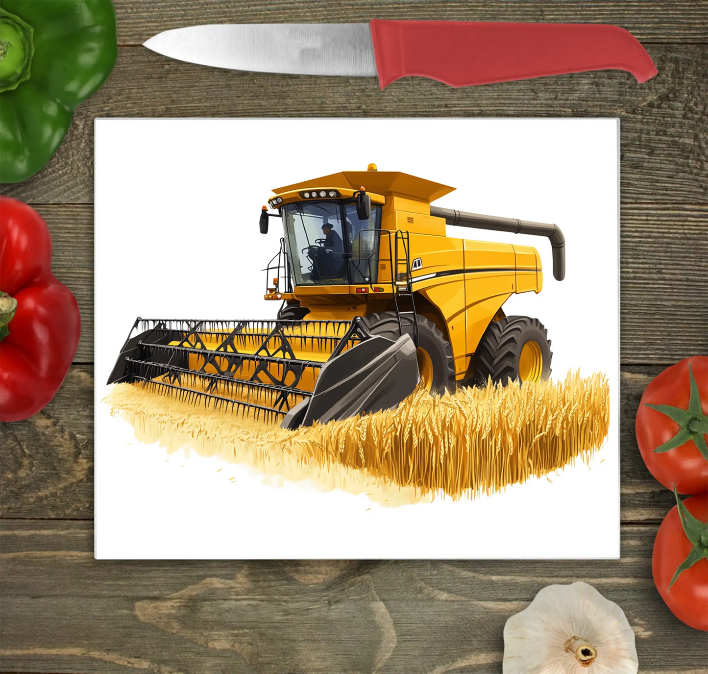 Combine Harvester (Yellow) Glass Chopping Board, Combine Harvester (Yellow) Worktop Saver