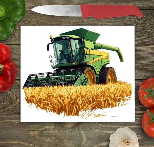 Combine Harvester (Green) Glass Chopping Board, Combine Harvester (Green) Worktop Saver
