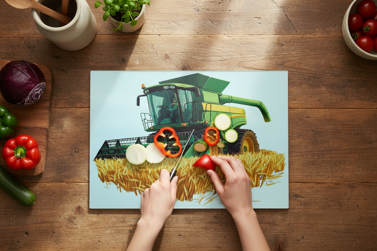Combine Harvester (Green) Glass Chopping Board, Combine Harvester (Green) Worktop Saver