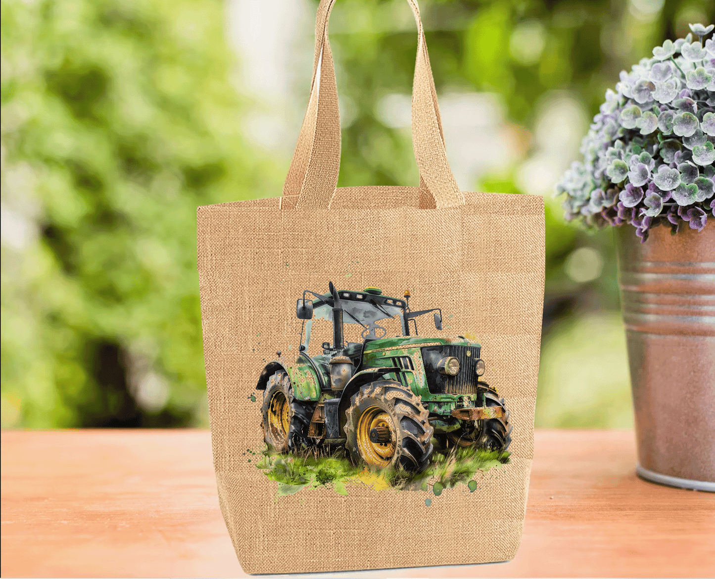 Green Tractor Burlap Tote Bag