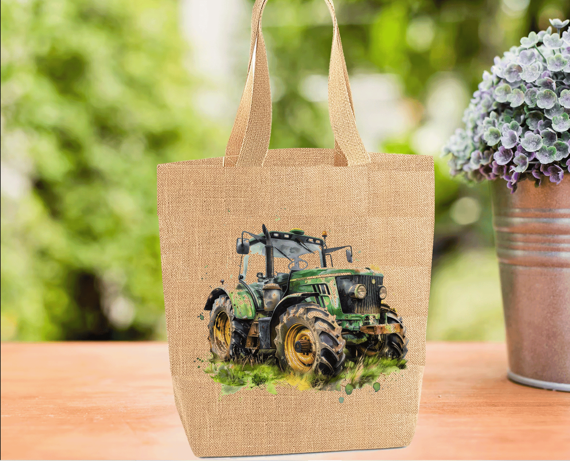 Green Tractor Burlap Tote Bag