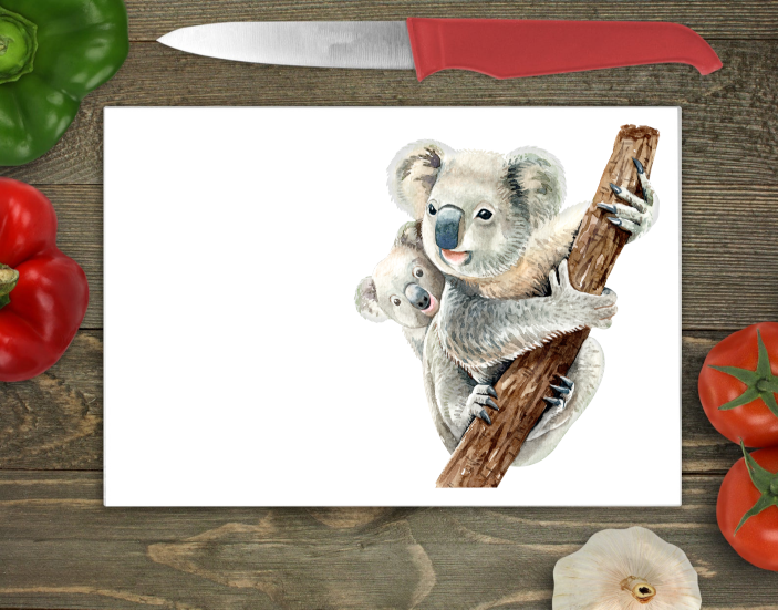 Koala Bear & Baby Large Glass Chopping Board, Koala Worktop Saver