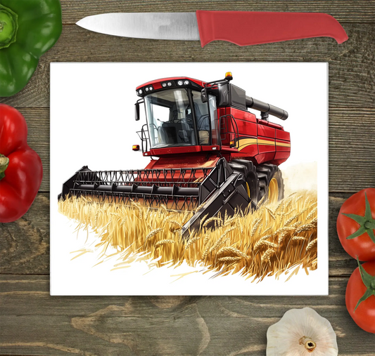 Combine Harvester (Red) Glass Chopping Board, Combine Harvester (Red) Worktop Saver