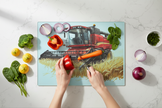 Combine Harvester (Red) Glass Chopping Board, Combine Harvester (Red) Worktop Saver