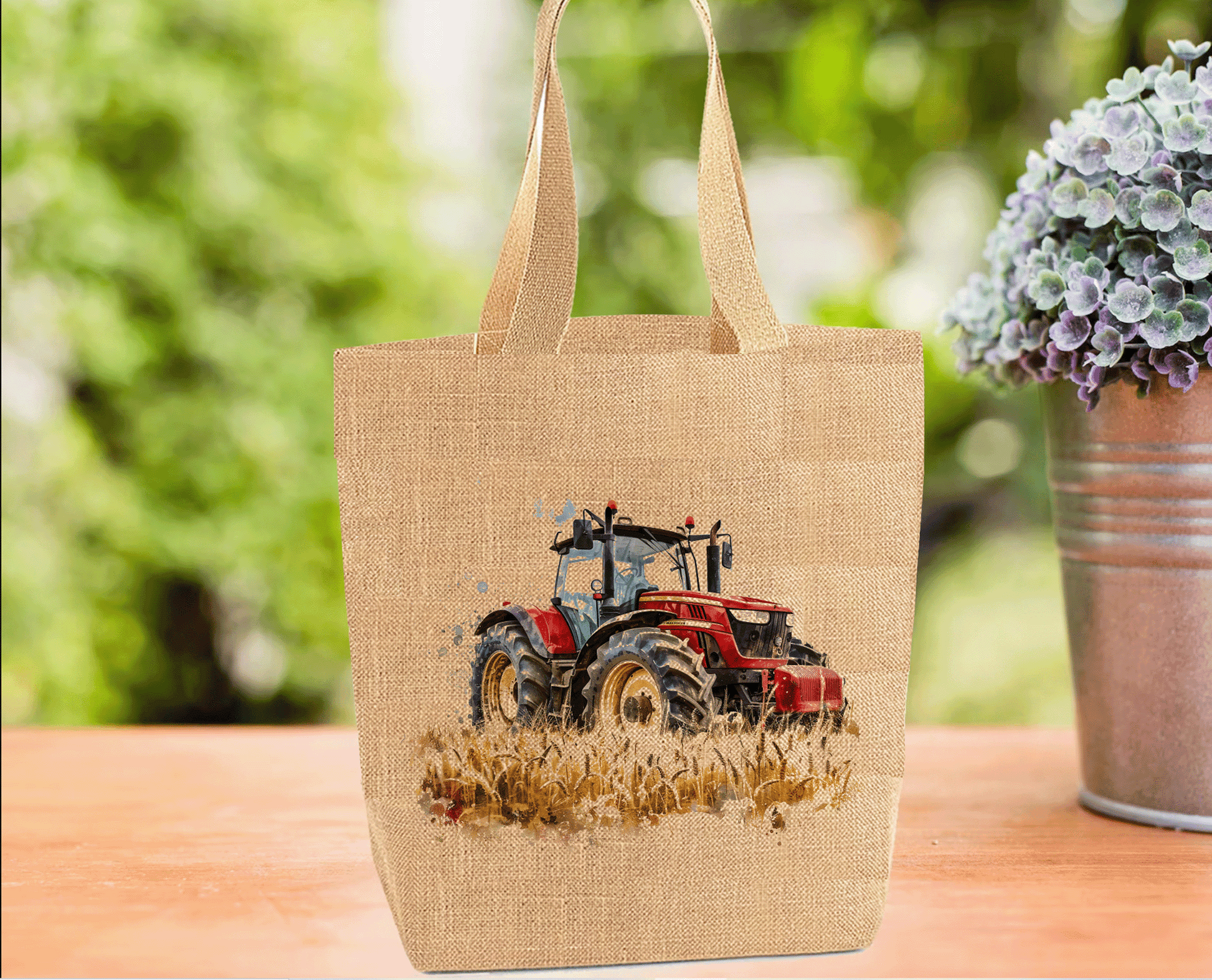 Red Tractor Burlap Tote Bag