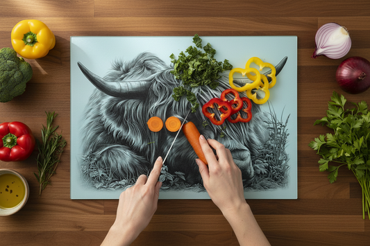 Sleeping Highland Cow Glass Chopping Board, Sleeping Highland Cow Worktop Saver