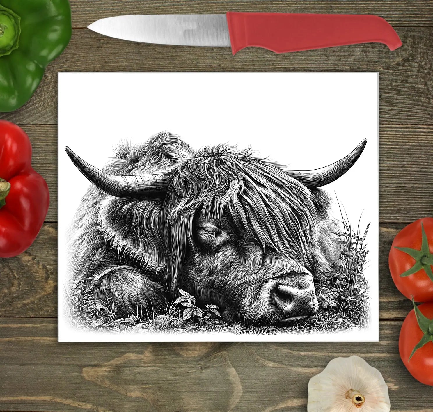Sleeping Highland Cow Glass Chopping Board, Sleeping Highland Cow Worktop Saver