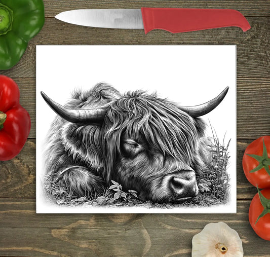 Sleeping Highland Cow Glass Chopping Board, Sleeping Highland Cow Worktop Saver