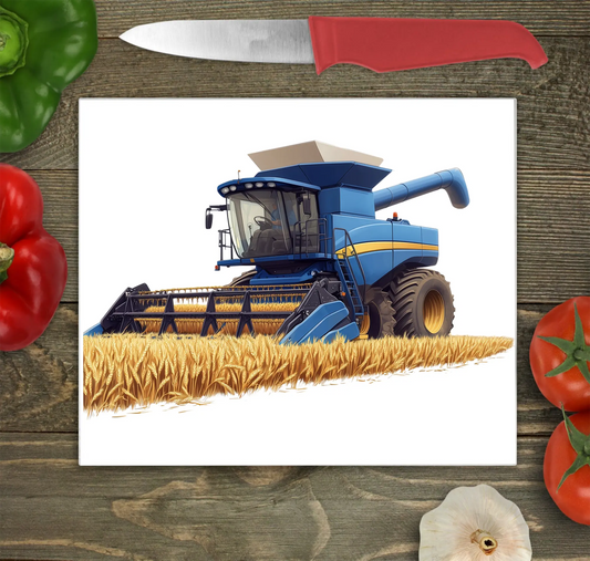Combine Harvester (Blue) Glass Chopping Board, Combine Harvester (Blue) Worktop Saver